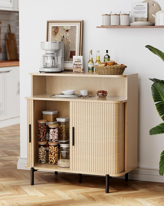 SUNCOZE Fluted Storage Cabinet with Sliding Tambour Doors, Sideboard Buffet Cabinet with Storage, Modern Accent Coffee Bar for Kitchen, Entryway, Living & Dining Room (Wood)