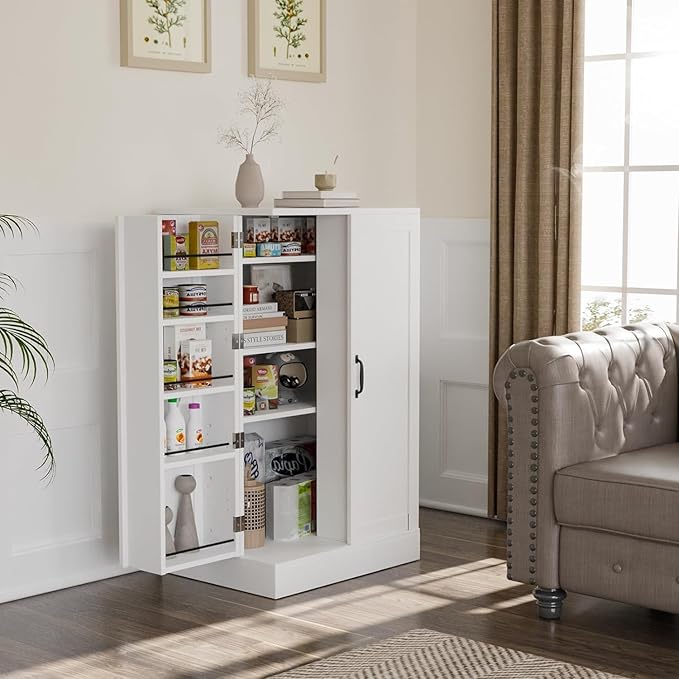 VINGLI Pantry Cabinet, 40.5" H Food Storage Freestanding Cupboard for Small Space in Dining Room, Living Room, White Kitchen Storage Cabinet with 2 Doors and Adjustable Shelves