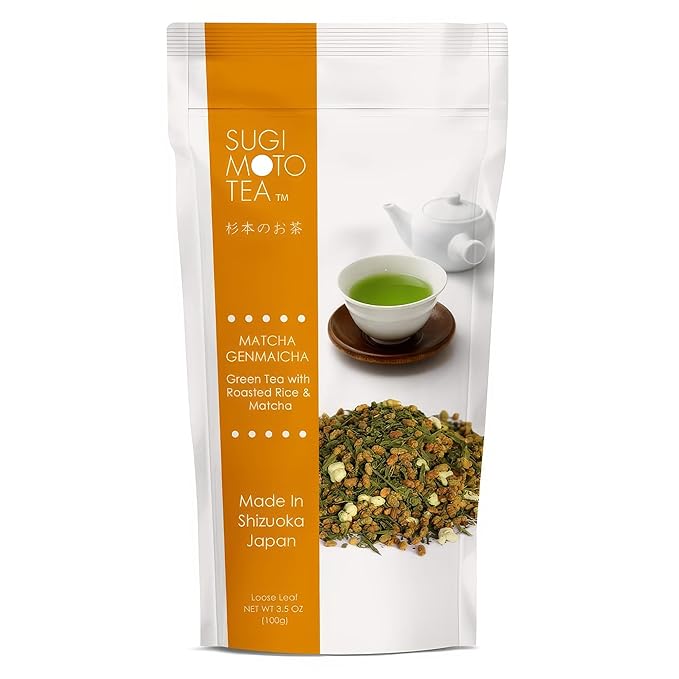 SUGIMOTO TEA Japanese Matcha Genmaicha Green Tea Loose Leaf 3.5 oz (100 g) Pack of 1
