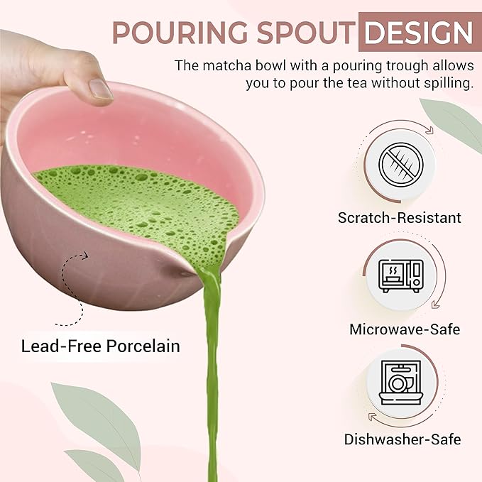 Matcha Whisk Set with Matcha Bowl - Matcha Set Included Electric Frother, Bamboo Whisk, Matcha Spoon, Bamboo Holder, Sifter, Spoon Stand (Simple Pink)