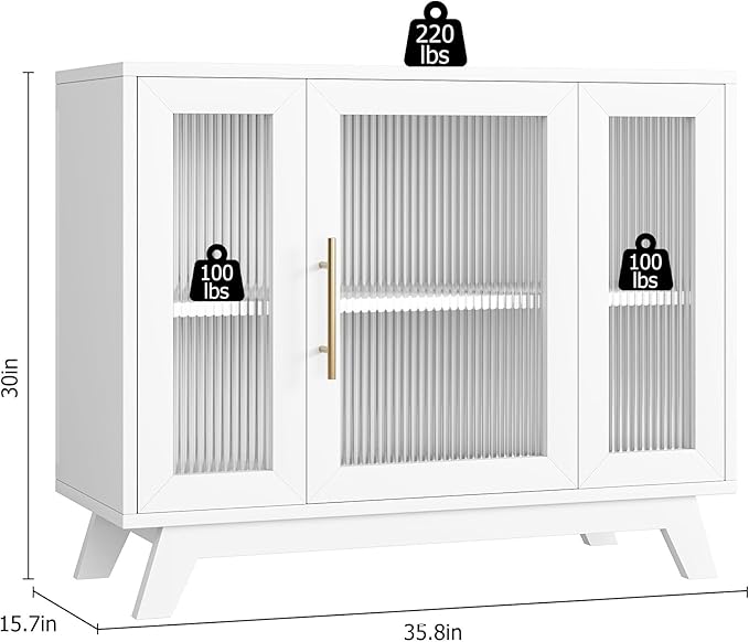 CABIHOME Buffet Cabinet, 36" Sideboard Buffet Storage Cabinet with Adjustable Shelves and Fluted Glass Door, Modern Coffee Bar, Table for Kitchen, Dining Room, White