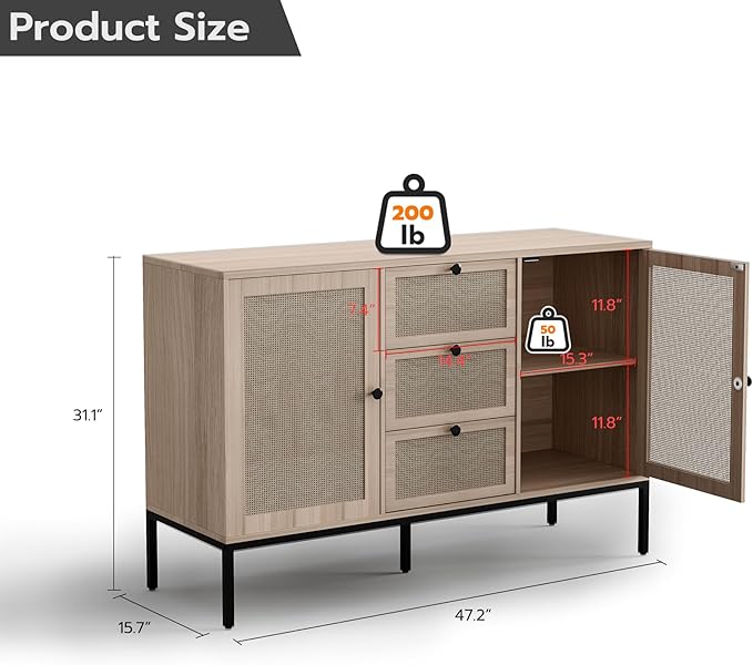 Rattan Sideboard Buffet Cabinet with 2 Doors & 3 Drawers, Mid Century Modern Credenza with Adjustable Shelves, Boho Storage Cabinet for Living Room, Hallway & Kitchen (Wood, 47 inch)
