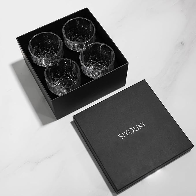 SIYOUKI Crystal Whiskey Glasses Set 11 oz, Old Fashioned Rocks Barware Lowball Glass for Bourbon, Scotch Whisky, Cocktails, Cognac, Liquor Drinking, Men Gift (4 Pack)