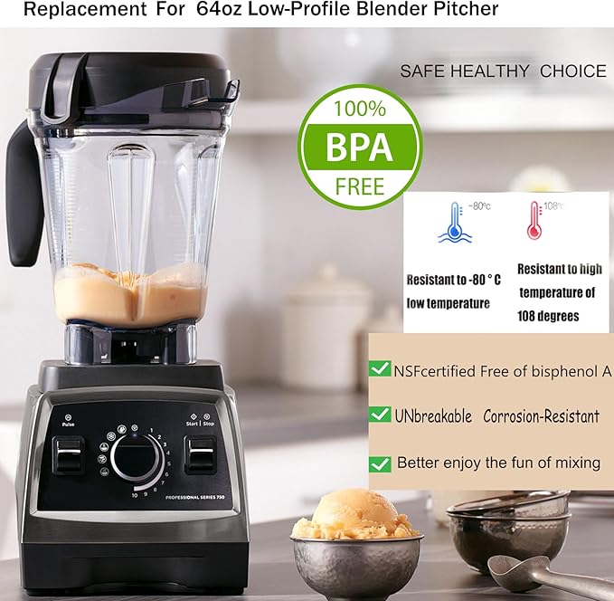 Blender Pitcher 64oz Low-Profile, Compatible with vit 780 75-0 75-00 5000 5200 6300 7800 Vm0102 Vm0103 Vm0197 E310 Classic/Commercial/Professional Series etc Blender, Blender jar cup,10 Years Warranty