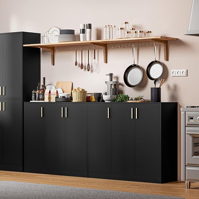 Cozy Castle Buffet Cabinet with Storage, Accent Storage Cabinet with Doors and Shelves, Wood Coffee Bar Sideboard Console Table for Kitchen Living Room Entryway Hallway, 35.4" Tall Black