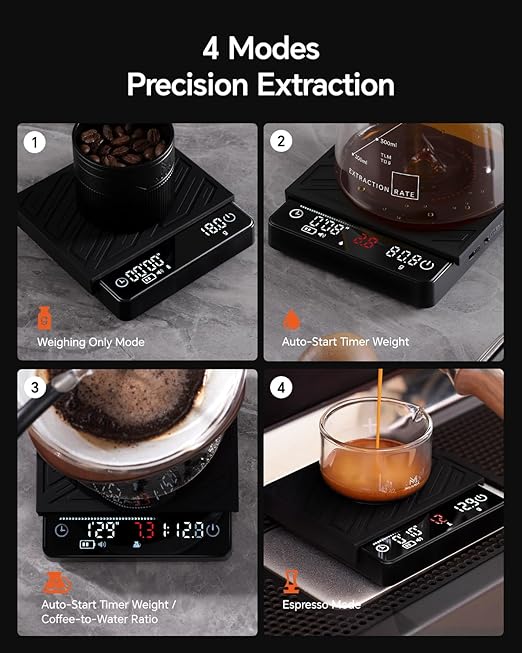 Espresso Coffee Scale with Timer and Flow Rate - MUVNA 2kg/0.1g Precision Rechargeable for Pour Over, Coffee Bean Weight, Mini Portable LED Display 4 Modes, Black