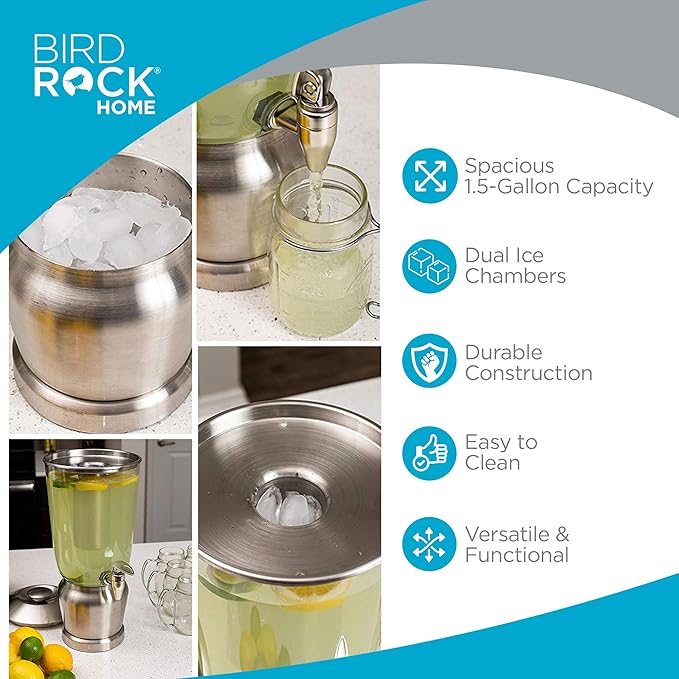 BirdRock Home 1.5 Gallon Stainless Steel Beverage Dispenser with Ice Container, Stand & Spigot - Round - BPA Free Clear Tritan Plastic