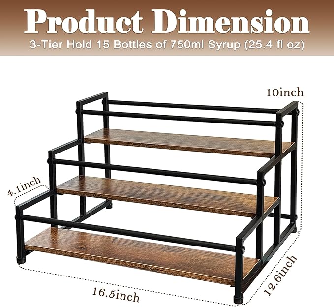 Klxuyuo 3-Tier Coffee Syrup Rack for 15 Bottles (750ml) –Sturdy Coffee Syrup Organizer for Bar, Kitchen, Café, Office