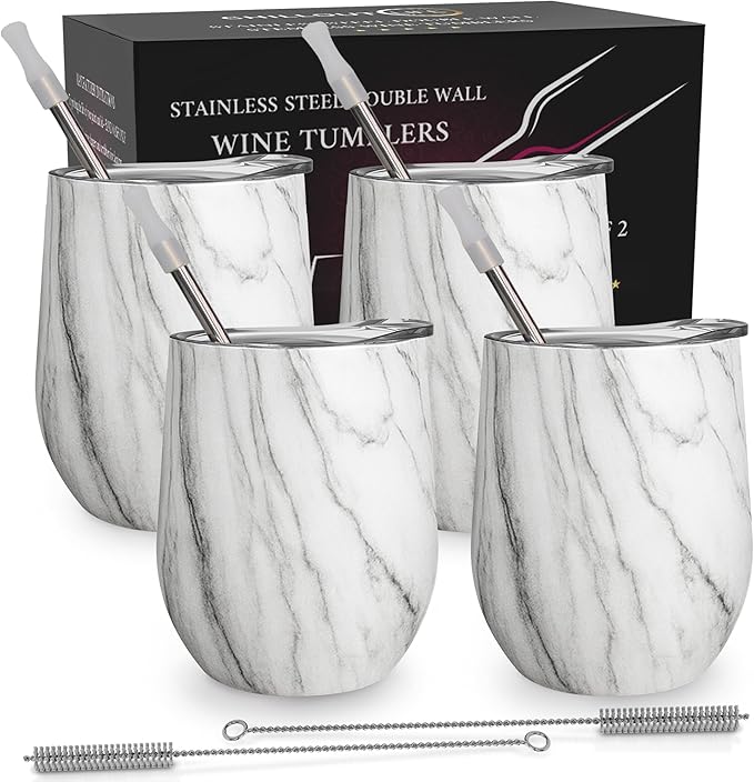 CHILLOUT LIFE 12 oz Stainless Steel Wine Tumblers 4 Pack - Double Wall Vacuum Insulated Wine Glasses Cups with Lids and Straws Set Keeping Cold & Hot for Coffee, Beer, Ice Cream - Carrara Marble