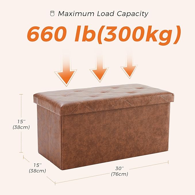 DUMOS 30 Inch Folding Storage Ottoman Bench - Synthetic Leather Footrest Stool with Storage Chest for Living Room & Bedroom, 660 LB Load Capacity, Modern Brown
