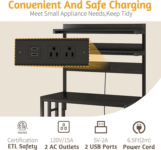 Adjustable Bakers Rack with Power Outlet,Coffee Bar Station with Led Lights,Microwave Stand with Storage,5-Tier Kitchen Shelf,Kitchen Storage Rack for Spices, Pots and Pans,Rustic Brown,Black