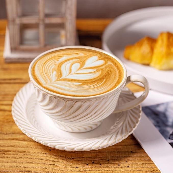 Latte Cup with Saucer, 12 OZ Cappuccino Cup Vintage Cafe Art Cups for Espresso Turkish Coffee, Farmhouse Latte Mugs Tea Cups and Saucers Porcelain Set Christmas Gift