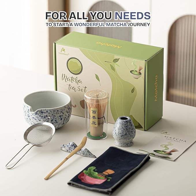 Matcha Whisk Set 8 Pcs Matcha Set with Matcha Bowl (Chawan), Matcha Whisk, Holder & Accessories – Complete Matcha Kit for Ceremony, Traditional Tea Set for Making Latte, Gift for Family & Friends
