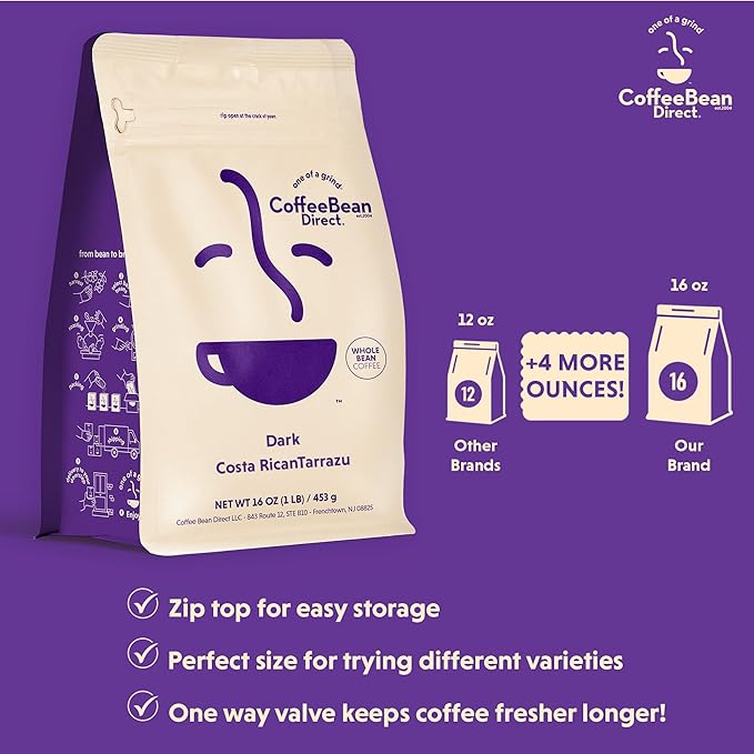 Coffee Bean Direct Dark Costa Rican Tarrazu, Whole Bean Coffee, Dark Roast, 1 Pound Bag (Pack of 1)