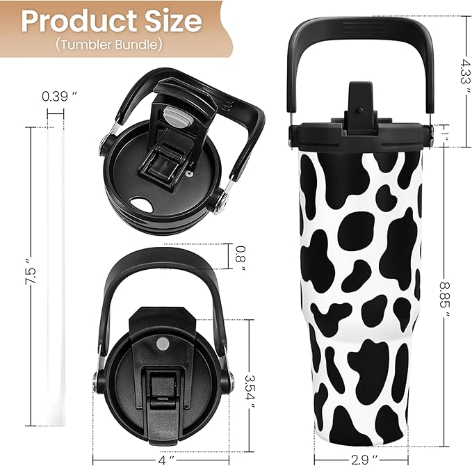 SANDJEST Cow Print Tumbler with Handle, 30oz Flip Straw Stainless Steel Tumblers Coffee Travel Cup, Cowgirl Tumbler Gifts for Women Girls for Birthday Christmas Mothers Day