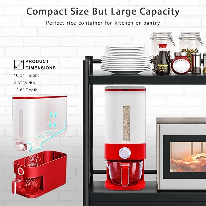 22-25 Lbs Rice Dispenser, Large Cereal Dry Food Storage Containers with Measuring Cup, BPA-Free Household for Kitchen Pantry Organization-Red