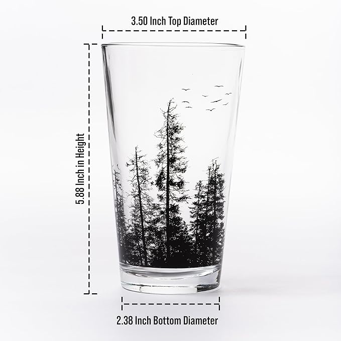 Black Lantern Nature Themed Pint Glasses Set of 2 – Pine Tree Forest Landscape Hand-Printed Beer Glass Set - 16oz. Capacity