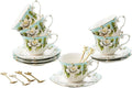 TATSUMI Country Roses 18 Peices Bone China Tea Cup And Saucer Set, English Vintage Tea Cups Of 6 For Women And Tea Party Sets(Light Green, 6 sets)