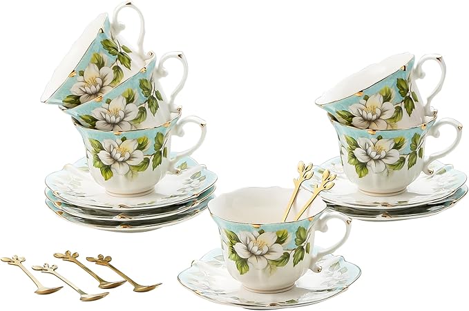 TATSUMI Country Roses 18 Peices Bone China Tea Cup And Saucer Set, English Vintage Tea Cups Of 6 For Women And Tea Party Sets(Light Green, 6 sets)
