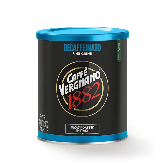 Caffè Vergnano Italian Finely Ground Decaf Coffee – 100% Arabica for Moka, Intensity Level 6 – Rich, Full Flavor Without Caffeine, Notes of Dried Fruit, Cocoa & Caramel - 8.82 oz Tin