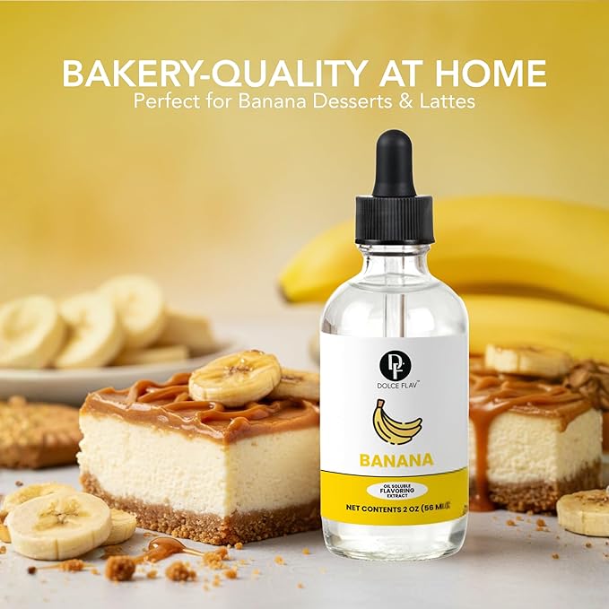 Dolce Flav Banana Extract – 2 Ounce Oil-Soluble Kosher, Sugar-Free, Concentrated Ripe Banana Flavoring for Baking, Smoothies & Ice Cream, Includes Measured Dropper