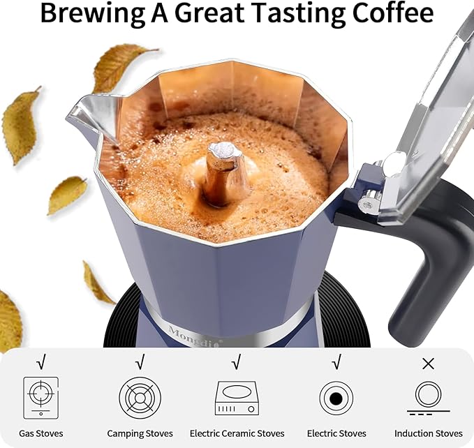Mongdio Stovetop Espresso Maker Moka Pot, Stove Top Cuban Coffee Maker, Italian Greca Mocha Pot, 6 Espresso Cups, 10 oz - Blue