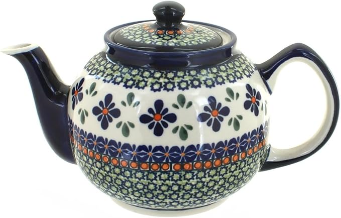Blue Rose Polish Pottery - Green Mosaic Flower Medium Teapot - 4 Cup Capacity - Hand-Painted Polish Pottery Ceramic Coffee & Tea Server
