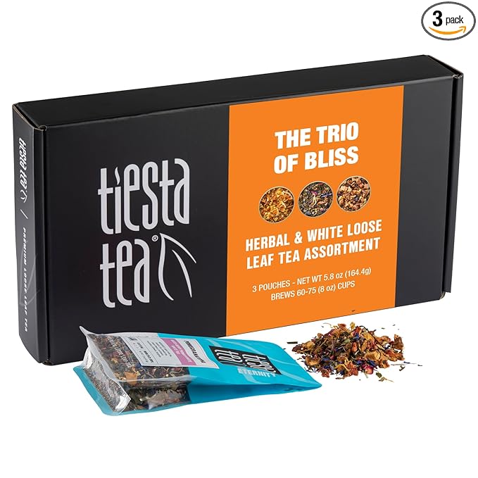 Tiesta Tea - Loose Leaf Herbal Tea Gift Box, Medium to Non-Caffeinated Assorted Blends, 3 Pouches for Hot & Iced Brews Variety Pack, Maui Mango, Nutty Almond Cream, and Pomegranatopia