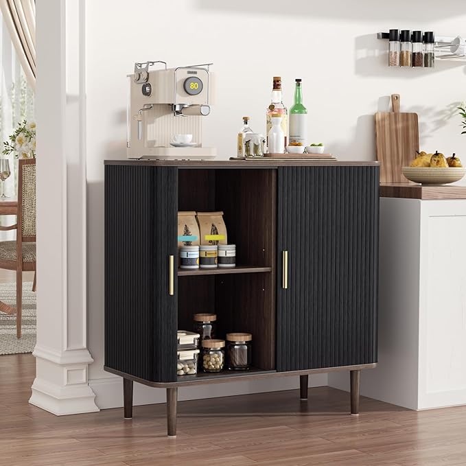 35" Fluted Accent Buffet Cabinet, Black Small Storage Sideboard with Sliding Door, Mid Century Modern Credenza with Solid Wood Leg, Wine Coffee Bar Console Table for Kitchen, Entryway, Living