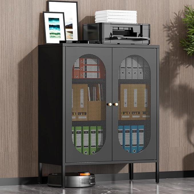 Metal Storage Cabinet，Small Cabinet with 2 Mesh Doors, Pantry Storage Cabinet with Adjustable Shelf, Black Accent Cabinet for Home, Office, Living Room,Dining Room,Sideboard, Hallway and Entryway