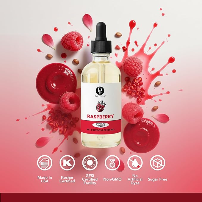 Dolce Flav Natural Raspberry Extract 2 oz – Kosher, Sugar-Free, Concentrated Tart Raspberry Flavoring for Baking, Beverages & Desserts, Includes Measured Dropper
