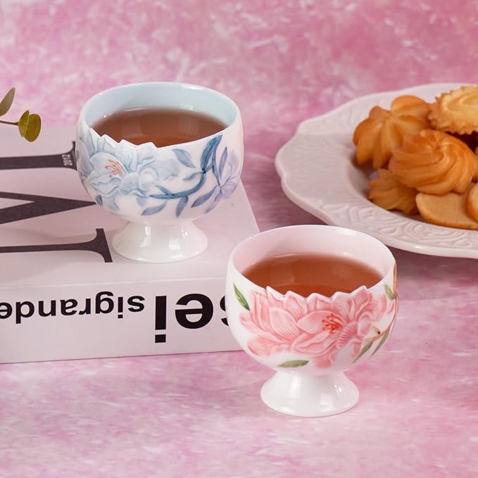 KAMMAK Tea Cup, 3.2oz Small Tea Cups Set of 2, Red and Blue Floral Porcelain Tea Cup Set, Ceramic Teacups for Home, Party, Office, Chinese Kungfu Tea Set for Hot/Cold Drink, Qingji Jade Clay