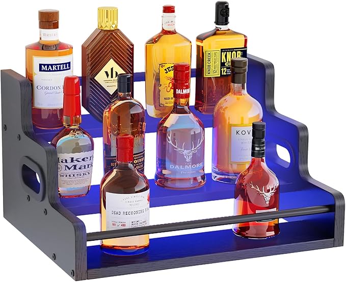 Liquor Bottle Display Shelf, LED Wine Bottle Display Rack with Remote Control, 3-Tier Bar Shelf Stand, Whiskey Spirits Wine Holder for Tavern, Liquor Cabinet, Coffee Syrup Rack for Home(Black)