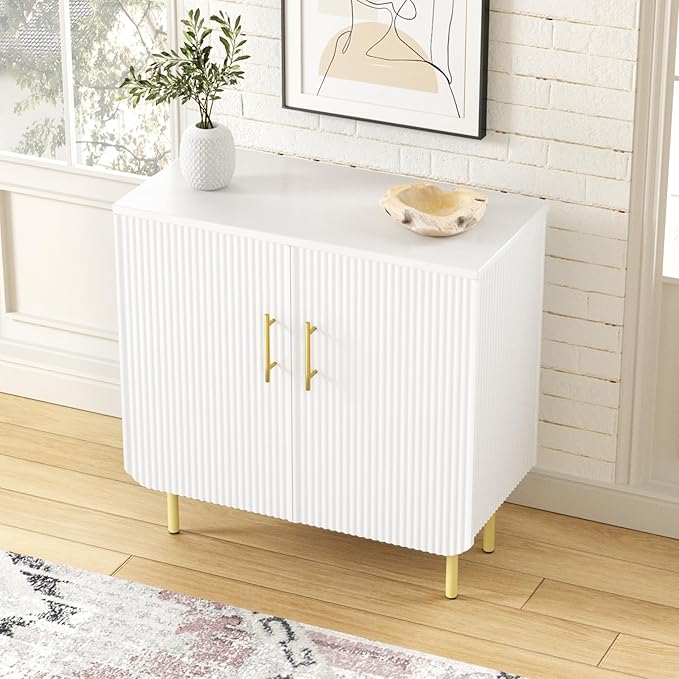 Vabches Fluted White Storage Cabinet, 2 Doors Modern Sideboard Buffet Cabinet with Adjustable Shelves and Metal Leg, Accent Cabinet for Living Room, Dining Room, Entryway (White & Gold)