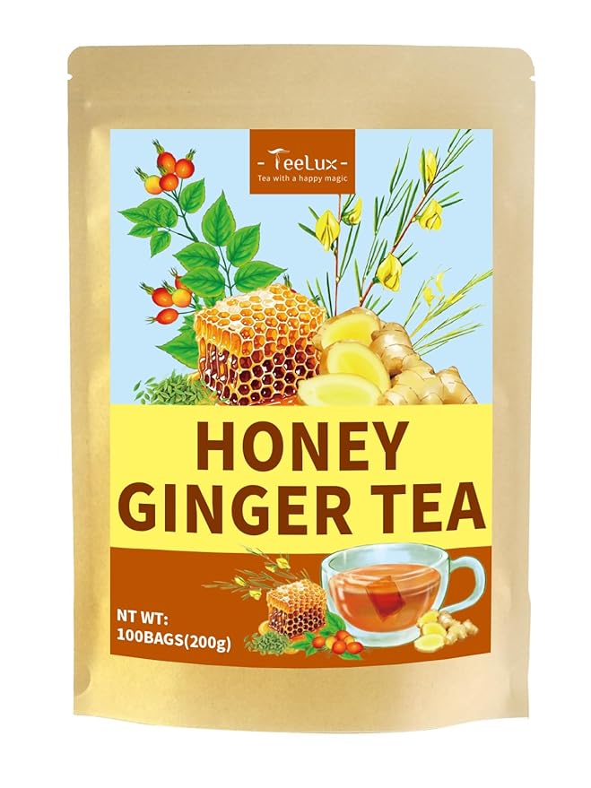 TeeLux Honey Ginger Tea Bags, Warming Blend with Ginger, Fennel, Rooibos & Rosehips, Smooth & Spicy, Caffeine Free, 100 Count