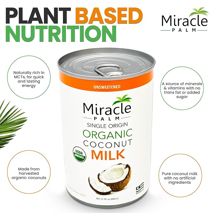 Miracle Palm Coconut Milk Unsweetened - Coconut Milk Canned, Additive Free Organic 13.5 Fl Oz (Pack of 12)
