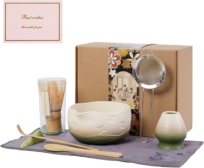 Matcha Whisk Set - Traditional Bamboo Chasen with Bowl, Complete Matcha Tea Making Kit & Starter Tools for Authentic Japanese Ceremony (Mottled Green02, 8pcs/set,Bowl entry-level Set)
