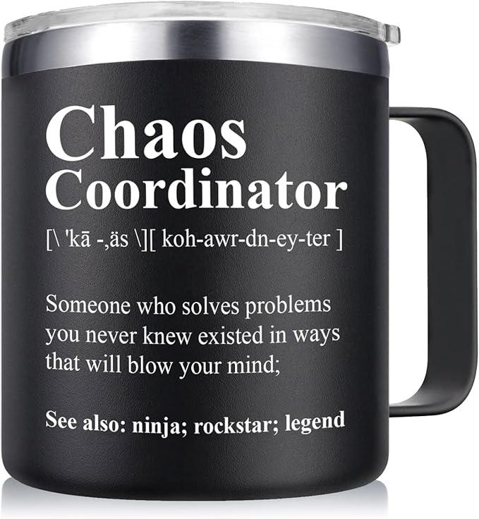 Chaos Coordinator Mug Tumbler 14oz - Christmas Gifts for Men, Boss, Coworker, Manager, Office, Teacher, Nurse - Thank You Birthday, White Elephant Gifts for Adults - Black