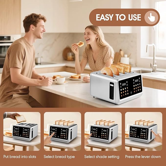 4 Slice Touch Screen Toaster with LCD Display Stainless Steel Digital Toasters 6 Bread Types& 6 Shade Settings Smart Extra Wide Slots Toaster With Bagel Cancel Defrost Reheat Functions