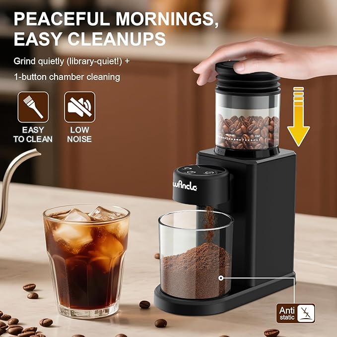 Wancle Conical Burr Coffee Grinder Touch Edition Electric Coffee Bean Grinder - 25 Grind Settings, Precision Timer, Anti-Static, Compact with Air Blower, 200W Motor