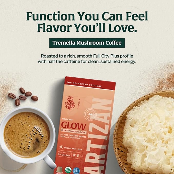 Artizan Organic Tremella Mushroom Coffee Pods for Nespresso Original Line | Half-Caff | Radiant Skin + Hair | 40 Compostable Espresso Capsules