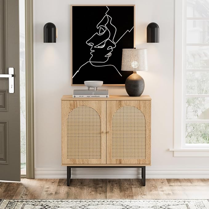 Storage Cabinet with 2 Arched Rattan Doors, Natural Style Rattan Sideboard Buffet Cabinet with Storage, Boho Entryway Table for Living/Dining Room, Kitchen, Hallway