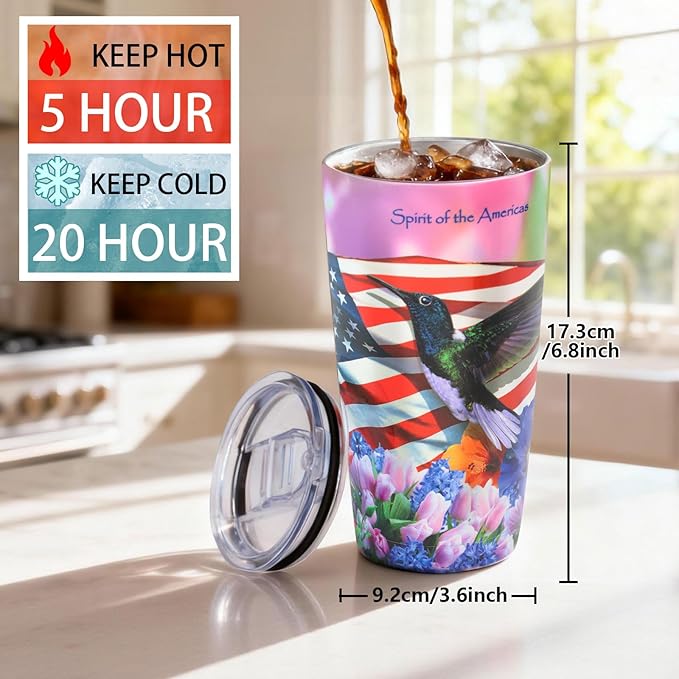 Hummingbird Tumbler - 20oz Stainless Steel Insulated | American Flag & Hummingbird Floral Design, Leak-Proof Patriotic Travel Mug for Hot/Cold Drinks, Hummingbird Gifts For Women, Her, Mom