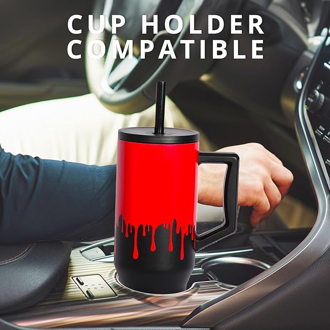 Elemental 40 oz Tumbler with Handle and Straw - Spill Proof Insulated Stainless Steel Commuter for Hot and Cold Beverages - Travel Coffee Mug with 2 Straws & Spill Proof Lid - 40oz - Sanguine Drip