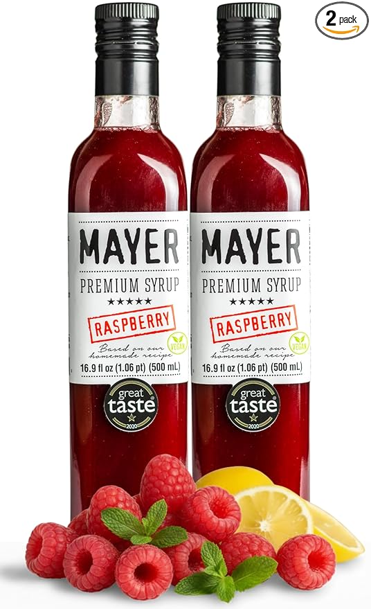 Mayer Hungarian Premium Raspberry Artisanal Syrup, Award-Winning, All-Natural, Vegan, Gluten-Free, Handcrafted with 100% Real Fruits, (2 x 16.9oz), Perfect Coffee Syrup & Cocktail Syrup, No Artificial Additives (2 Pack)