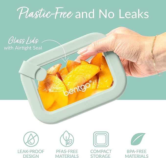 Bentgo Signature Leak-Proof Glass Food Storage - 8-Piece Set, 1-Compartment Plastic-Free Containers with Airtight Glass Lids, BPA-Free, Microwave, Freezer, Oven & Dishwasher Safe (Desert Sage)