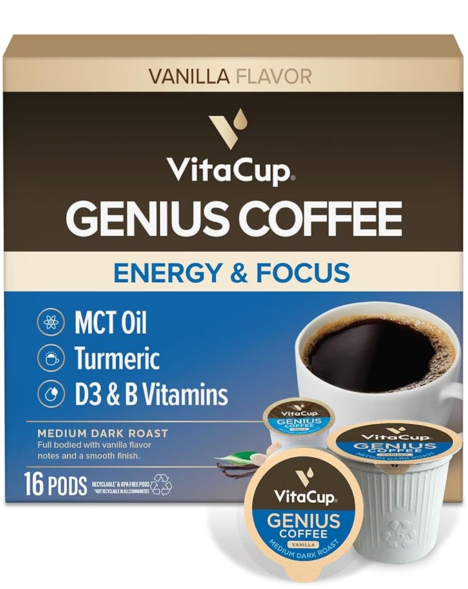 VitaCup Genius Vanilla Keto Coffee Pods w/MCT Oil, Turmeric, B Vitamins, & D3 for Energy & Focus in Recyclable Single Serve Pod Compatible with K-Cup Brewers Including Keurig 2.0, 16 CT