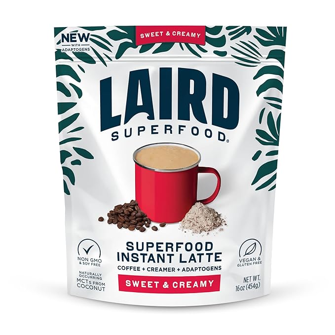Laird Superfood Instant Latte Sweet & Creamy, Non-Dairy, Superfood Creamer, Gluten Free, Non-GMO, Vegan, 16 oz. Bag, Pack of 1