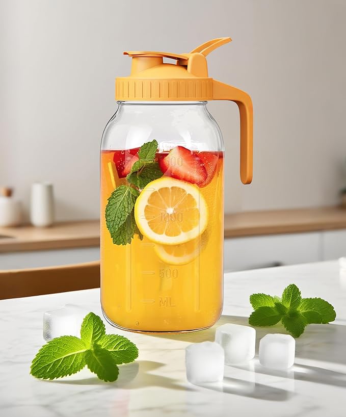 64oz Airtight Glass Pitcher with Lid,2 Quart Wide Mouth Mason Jar Pitchers for Fridge,Leak-proof Iced Tea Dispenser,Large Container for Sun Tea,Juice,Cold Brew Coffee, Storage and Drinks (Black+Gray)