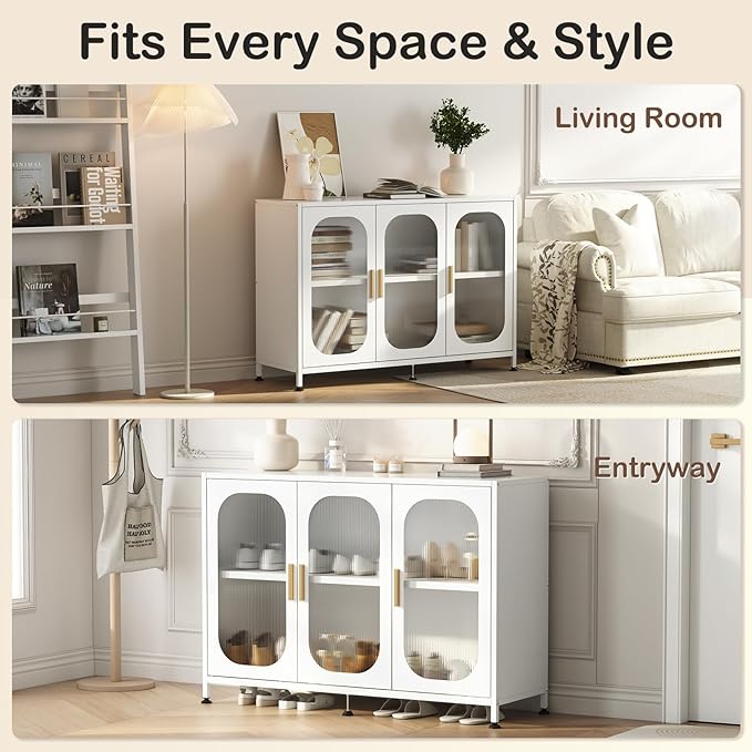 ZZL Sideboard Buffet Cabinet, Outdoor Storage Cabinet, 3 Doors, Metal,Resisting Ccratches, Rust, Adjustable Shelf for Kitchen,Coffee Bar, Garden, Entryway, Table Cupboard, (Length 48'' White)